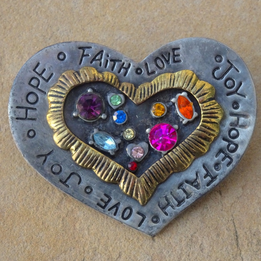 Hope Faith Love Joy Jeweled Heart Mixed Metal Pin